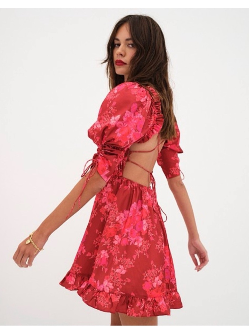 For Love & Lemons Red and Pink Floral Open-Back Mini Dress